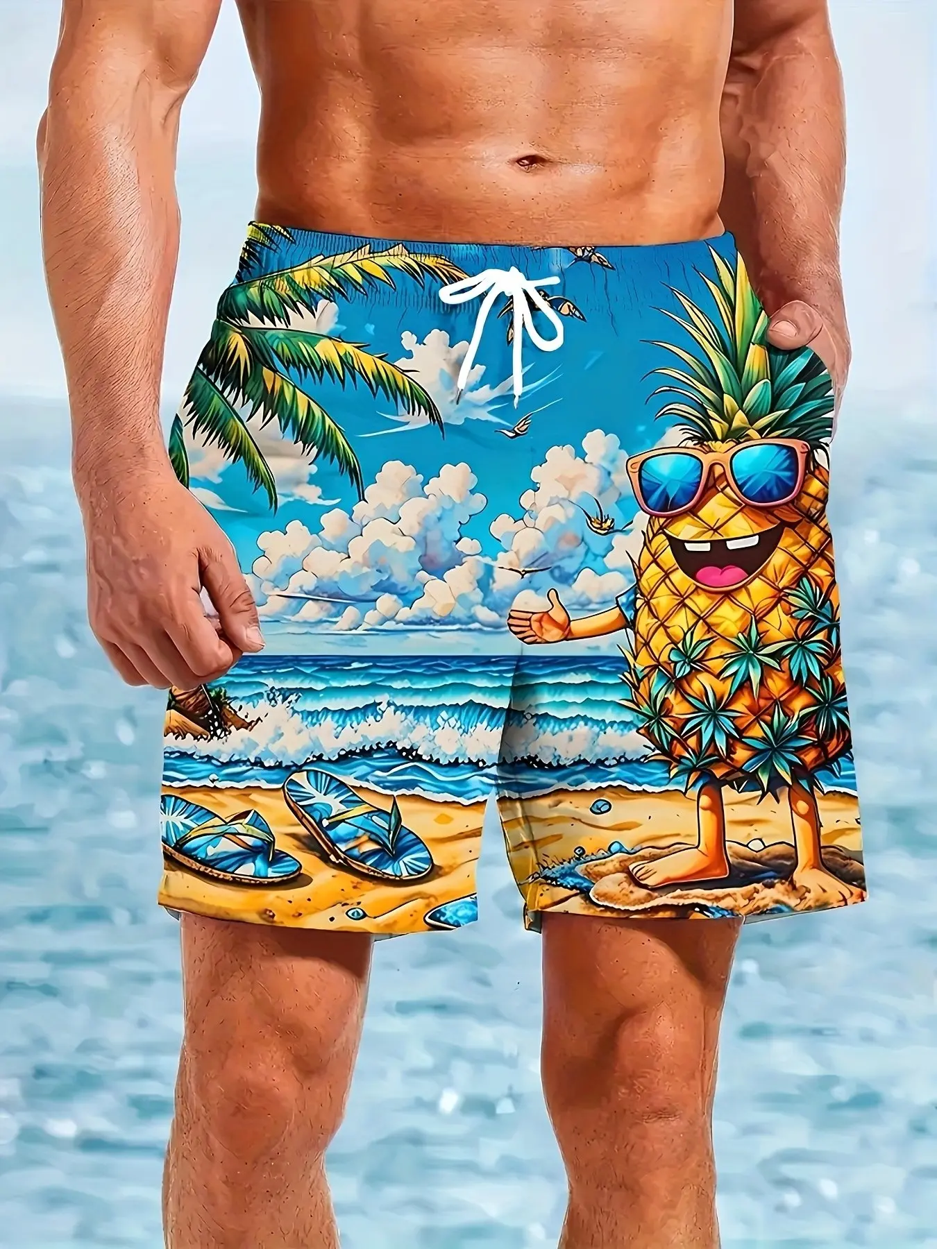 New men's cute pineapple pattern shorts, summer beach shorts, Beach Trunks, casual style, suitable for outdoor activities, beach parties, pool parties, etc.