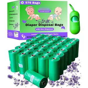 Diaper Bag Disposable (576 Sacks) Biodegradable Lavender Scented 32 Refill Rolls with Dispenser Diaper Sack Disposable  Poop  Litter Poop Bags Sanitary Pad  Bags (Scented, 576 Bags)