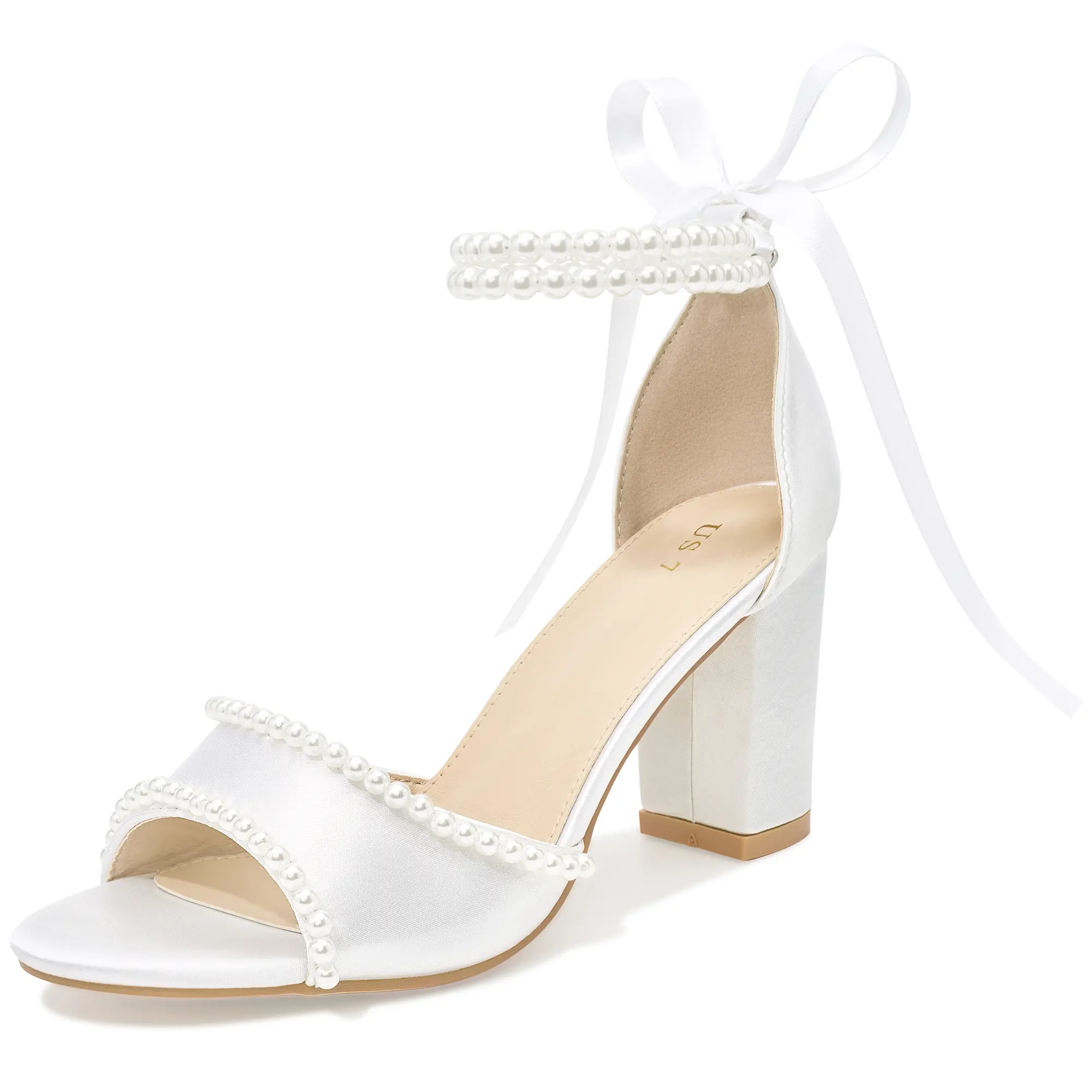 BLISSFUL STEP Pearl Open Toe Block Heel Lace Up Satin Bridal Sandals for Women