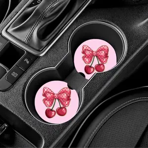 Cherry Bow Car Coasters Set Of 2 - Pink Bow Design, Reusable Drink Coasters
