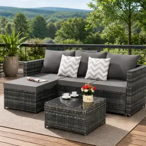 ARCH 2-Piece Outdoor L-Shaped Wicker Sectional Sofa Set with Detachable Ottoman Table, All-Weather Rattan Patio Furniture Set, Water-Resistant Cushions, Dark Gray for Garden Backyard, Metal-Rattan Material, Patio Furniture Sets