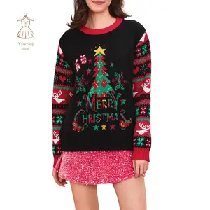 Women Christmas Sweater Long Sleeve Crew Neck Tree Letters Pullover Sweater Winter Sweater