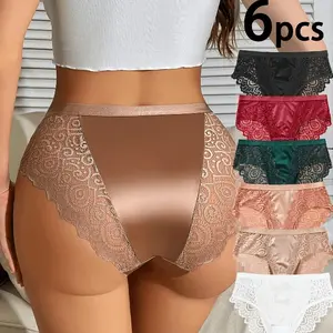 6pcs Women's Lace Panties Set High Waist Contrast Floral Design Soft Breathable Fabric Comfortable for Daily Wear All Seasons S M L XL