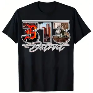 Men's 313 Detroit Urban Print Cotton T-Shirt, Graphic Design with "DETROIT" Lettering & Skyline Illustration, Motor City, Casual Fit Menswear Top