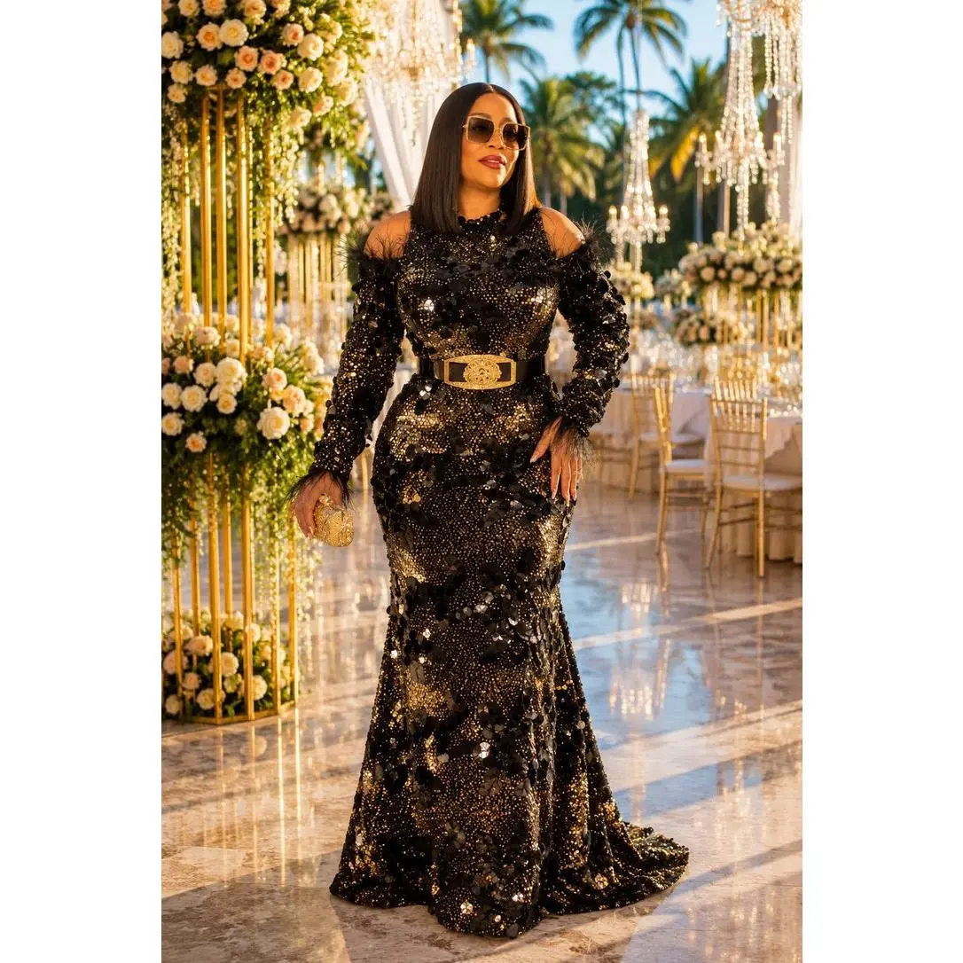 Elegant Black Cold-Shoulder Velvet Feathered Maxi Dress for Wedding Guest Mother of The Bride Party Formal Evening Attire