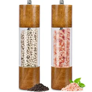 1pc/2pcs Real Wood Manual Pepper Grinder, Transparent Acrylic Peppercorn Sichuan Pepper Sea Salt Shaker Bottle, Kitchen Spice Container