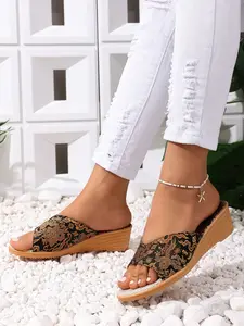 Women's Ethnic Pattern Slip-On Sandals, Thick Sole Anti-Slip Slippers, Southeast Asian Totem Wedge Heel Shoes, Casual Summer Footwear