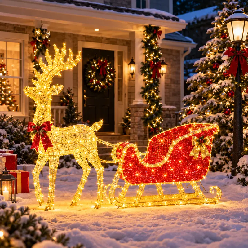 Sweetcrispy 3-Piece Gold Large Lighted Christmas Deer Family Set, Christmas Decor with 360° Illumination Cool-to-Touch LEDs, LED Glow Festive Warm Glow, Indoor-Outdoor Front Yard Lawn Holiday Decoration with Stakes, Zip Ties