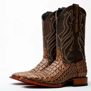 Honey Caiman Hornback Leather Boots - Square Toe