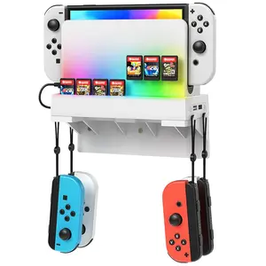 RGB  Wall Mount for  /OLED,  Console Wall Shelf with 7 Light Mode,Station Stand Holder for  Console, 7  Card Slots, 4 Controller Storage Hook for  Accessories
