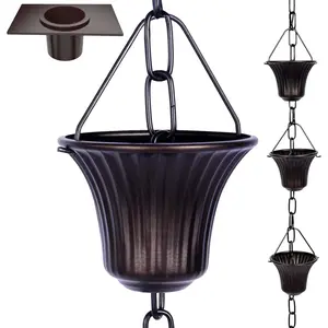 Rain Chain Set 8.5 Ft,Not Rust Wrought Iron Rain Chains for Gutters with Adapter Gotta Drain and Anchoring Stake, 14 Cups, 1 Hook, Adjustable Length for Garden Decorative (Coffee)