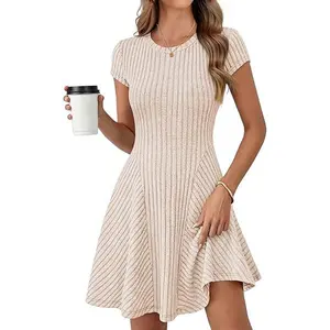 MEROKEETY Women's Summer Ribbed Mini Sweater Dress 2026 Spring Casual Crewneck Cap Sleeve Knit A Line Short Dresses