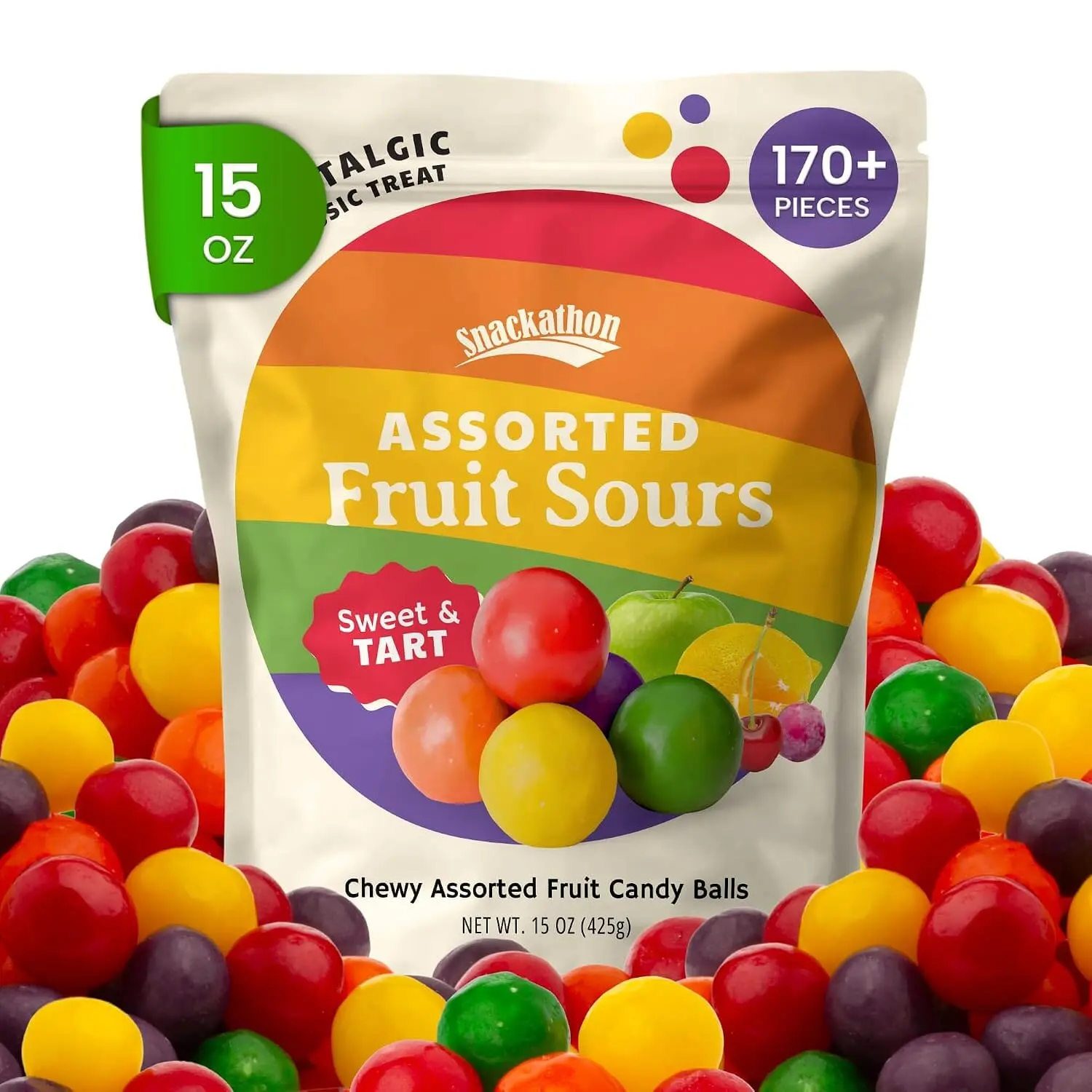 Snackathon Assorted Fruit Sours Candy, 15 oz, Old Fashioned Chewy Sour Balls, Retro Sweet & Tart Jelly Candy, Cherry, Orange, Apple, Lemon & Grape Mix, Approx. 170+ Pieces, Resealable Bag