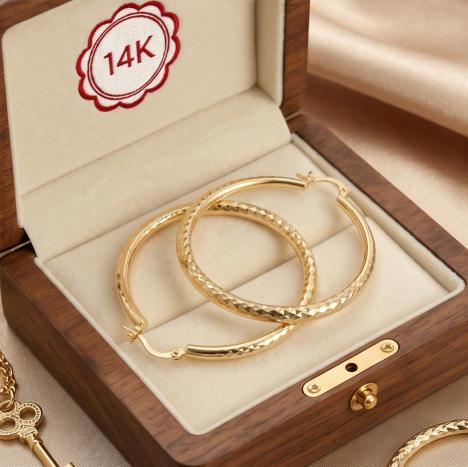 14K Gold Plated Large Hoop Earrings for Women, Sparkling Diamond-Cut Textured Wave Hoops, Hypoallergenic for Sensitive Ears, Lightweight Waterproof & Tarnish Resistant, Secure Click-Top Closure, Perfect for Office Party Date Daily Wear, Ideal Jewelry Gift