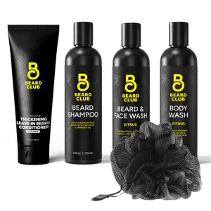 Shower Essential Kit with Leave-In Beard Conditioner, Shampoo, Beard and Face Wash, Body Wash, and a Loofah