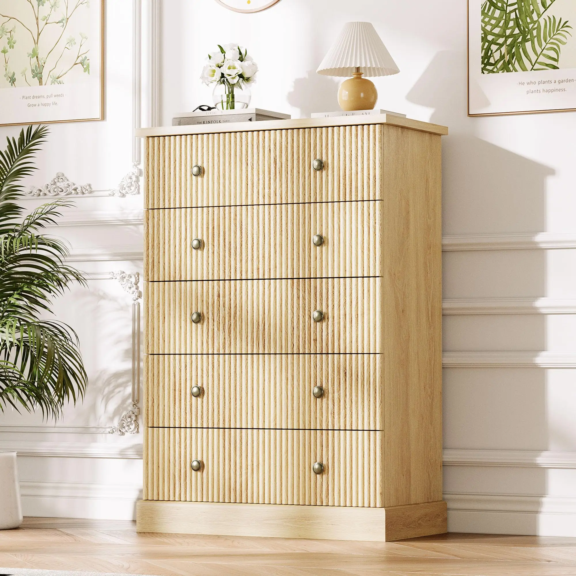 Garvee Tall Vertical 5 Drawer Dresser for Bedroom with Fluted Wood Design, Ideal for Clothing Storage in Small Spaces, Available in Natural and White & Natural Finishes