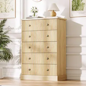 YJ-Garvee Tall Vertical 5 Drawer Dresser for Bedroom, Fluted Wood Design, Ideal for Clothing Storage in Small Spaces, Available in Natural and White & Natural Finishes
