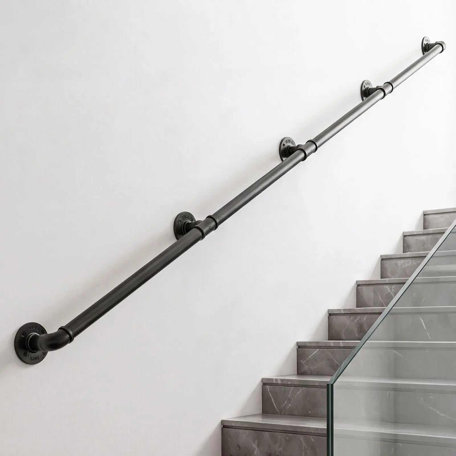 VEVOR Wall-Mounted Stair Handrail, 12 ft 440 lbs Load Black Metal Railing, for Indoor Steps, Loft, Porch & Hallways, Heavy-Duty Industrial Carbon Steel Hand Rail, Round Tube, with Mounting Hardware