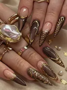 Tortoise Brown Gold Press On Nails, Brown Chrome Ombre Nails, Chocolate Glazed Nails, Metallic Gradient Almond Nails, Luxury Gold Accent Nails