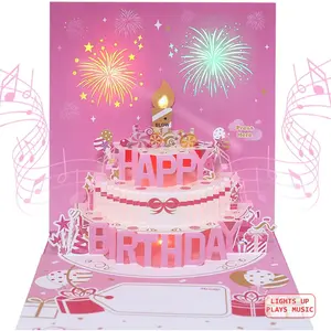 Musical Birthday Cards with Light and Music, Blowable, 3D Birthday Popup Cards for Men & Women- Plays Hit Song 'HAPPY Birthday' (pink)