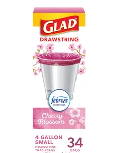 Glad Small Trash Bags 4 Gallon 34 Count Febreze Cherry Blossom Scented Drawstring Odor Resistant for Bathroom Bedroom Office or Small Kitchen Bins