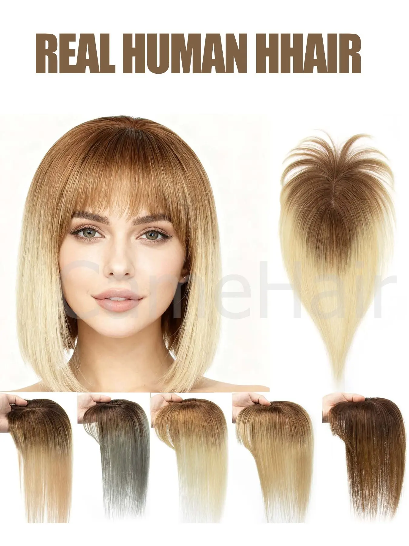 Hair Toppers for Women, Hairline Topper, Realistic Hairpiece, Real Human Hair Clip in Bangs Wig Natural Skin Scalp Thinning or Loss Top Pieces Wiglets 360° 3D Topper Base With Thinning Hair Cover Gray Roots Add Volume for Christmas Party