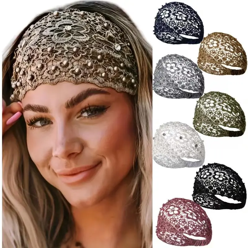 7 Pcs Lace Elastic Headbands – Wide Head Wrap Turban Headbands, Elastic Hair Wraps for Women, Soft Stretchy Boho Hair Accessories – Perfect for Yoga, Skincare, Travel, Bad Hair Days  –Non‑Slip Comfort – Assorted Colors & Floral Patterns