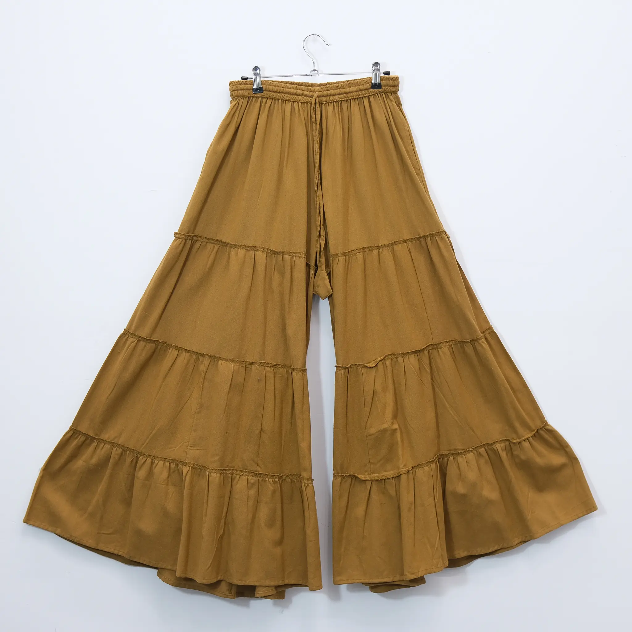 Flowy Tiered Cotton Pants, Boho Wide Leg Ruffle Palazzo Festival Pants, Bohemian Flare Pants, Earthy Color Pants