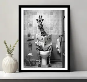 Black-and-White Giraffe Print Wall Art - Artistic Animal Theme Paper Decoration with Border, Funny Bathroom Decor (Giraffe in Toilet)