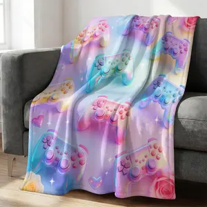 Laser Game Controller Coral Fleece Throw Blanket, Gradient Handle with Heart Star Elements, Soft Warm, Ideal for Dormitory and Bedroom