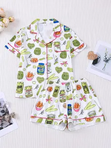 Women's Cucumber Pattern Short Sleeve Shorts Set, Casual Fitted Design with Small Pocket & Button Closure, All-Season Comfortable Sleepwear, Casual Comfy Pajama
