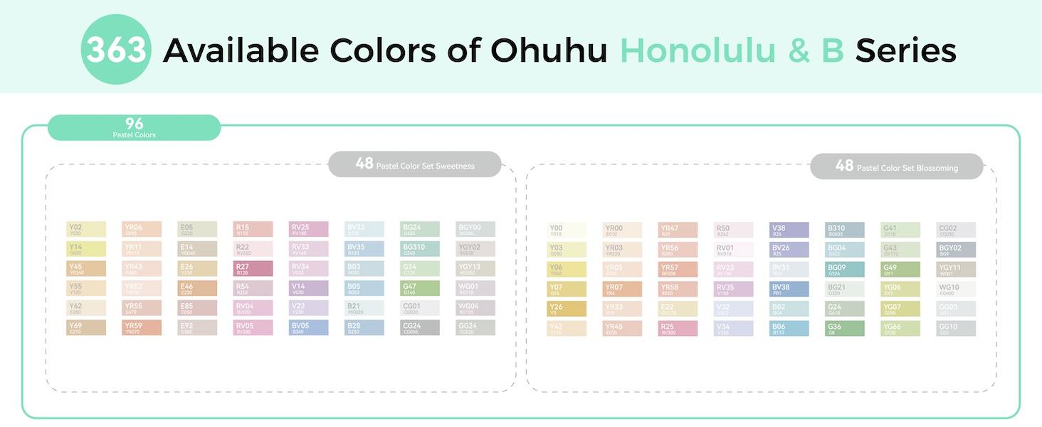 Ohuhu Pastel Alcohol Markers: Brush & Chisel/Fine - 96 Colors of Sweetness + Blossoming - Double Tipped Art Alcohol Markers for Artist Adults' Coloring Illustration - Refillable - AP Certificated - Honolulu & B Series of Ohuhuart