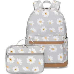 2 count Daisy Prints Backpack for School  Bookbag Set Elementary Students Daypack with Lunch Bag for Teens Girls