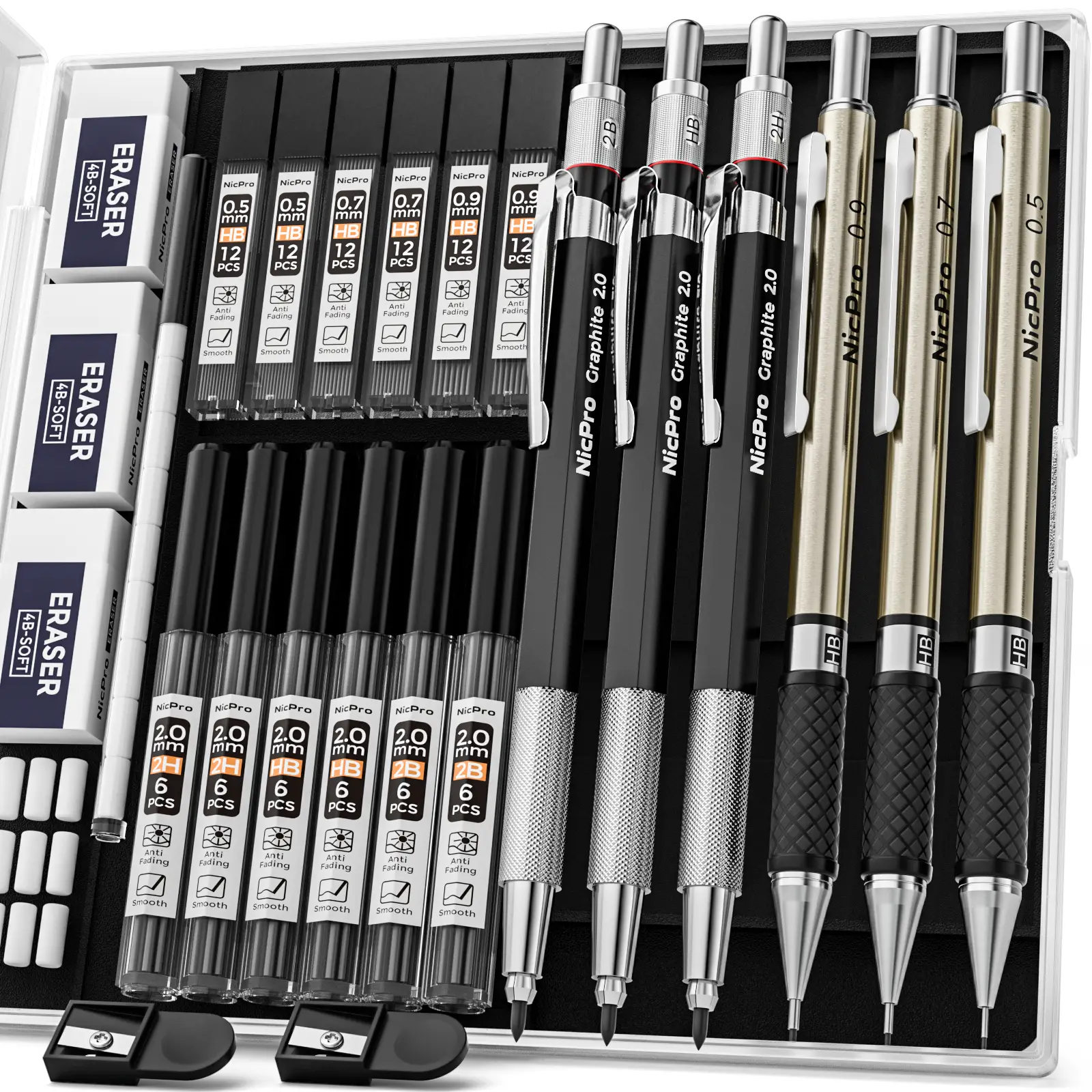 Nicpro 6Pack Art Mechanical Pencil Set, 3Pack Metal Drafting Pencil 0.5 mm & 0.7 mm & 0.9 mm & 3Pack 2mm Graphite Lead Holder (2B HB 2H) For Writing,