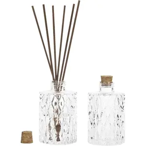 Small Clear Glass Reed Diffuser Bottles,  Embossed  Style Flower Bud Vases with Cork , Set of 2