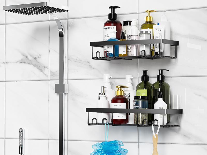 Shower Caddy Shelf Organizer Rack, Self Adhesive Black Bathroom Shelves Basket, Home Farmhouse Wall Inside Organization and Storage Decor Rv Accessories, First Camper Apartment Essentials