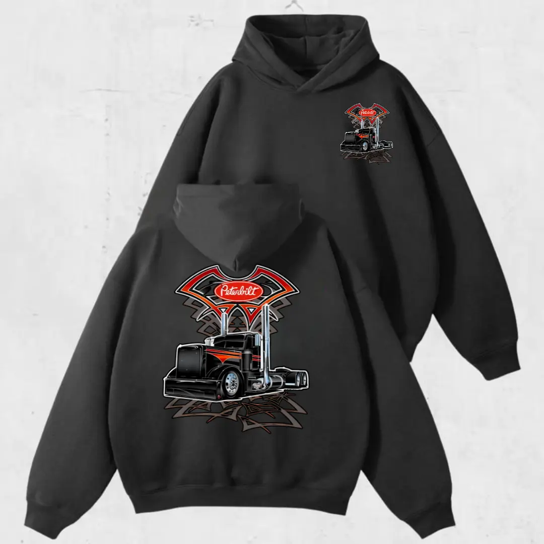 Peterbilt Black Semi Truck Hoodie – 2side Graphic Pullover for Truck Drivers, Peterbilt Shirt, Trucker Outfit, Unisex Peterbilt Shirts For Men, Shirts For Men, Vintage Rig Style