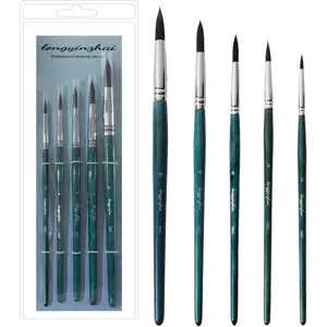 Longyinzhai Synthetic Squirrel Hair 5 Round Tip Professional Brush Set, Watercolor Acrylic Gouache Painting Supplies