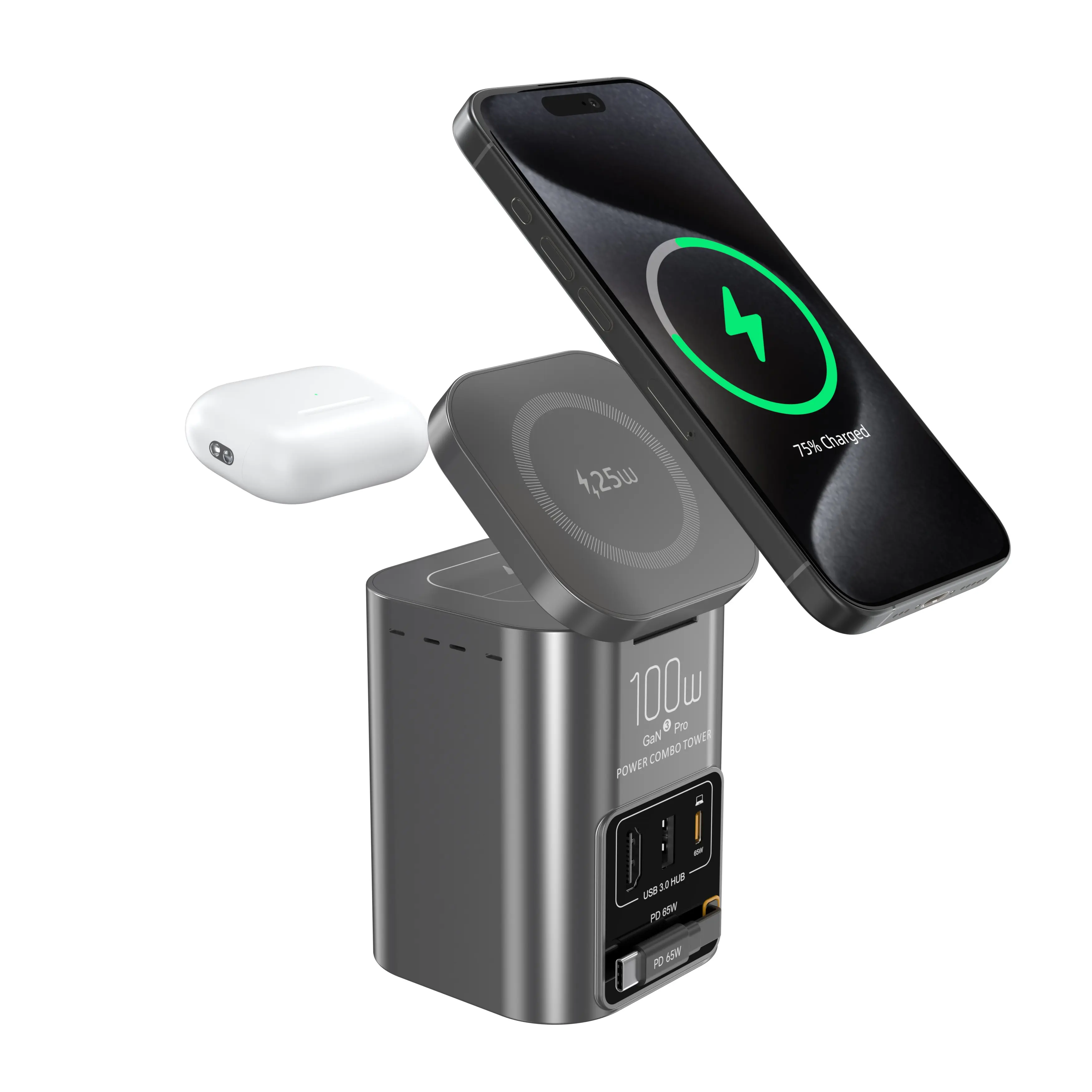 6-in-1 100W GaN Charging Station & Laptop Dock, Qi2 25W Magnetic Wireless Charger for iPhone & AirPods, Retractable 65W USB-C Cable, HDMI 2.1 4K Display Hub