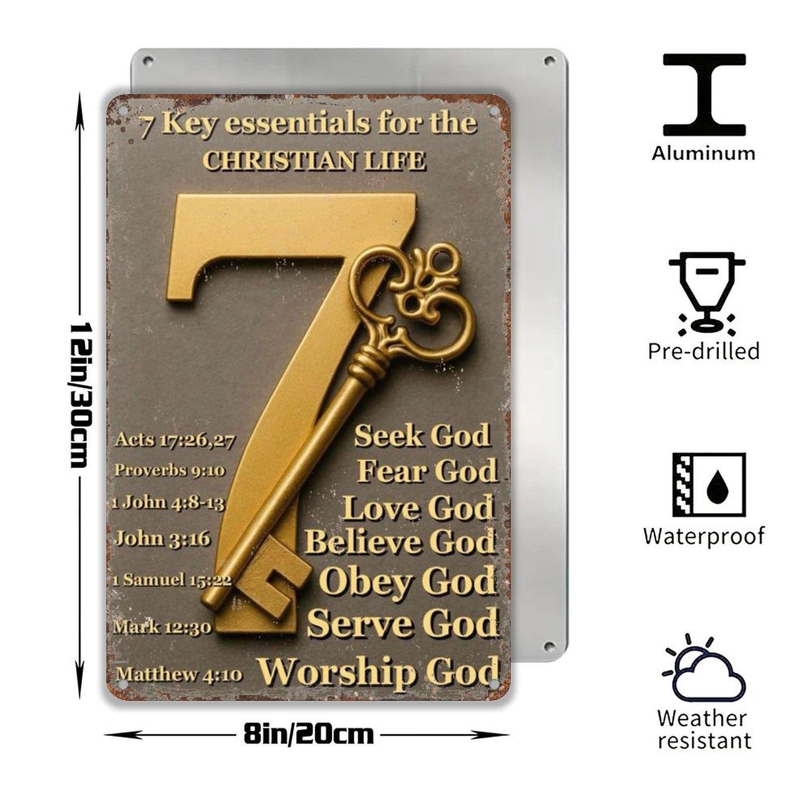 7 Key Essentials For The Christian Life 7 Golden Key Metal Sign - 8x12 Inch Retro Aluminum Wall Decor for Church, Sunday School - Religious Gift for Faith Growth