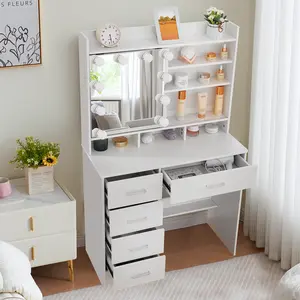 Large Vanity Makeup Desk with LED Lighted Mirror Dimmable Dressing Table White