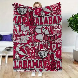 Alabama Themed Flannel Throw Blanket Cozy Soft All Season Comfort Bold Bama Print Football Helmets Crimson and White Design Perfect for Bed Sofa Office Outdoor Use Ideal Gift for Home and Travel