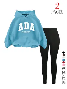 Women's Ada Letter Print Fleece Sweatshirt Set, Long Sleeve Top & High Waist Pants, Casual Fall Winter Warm