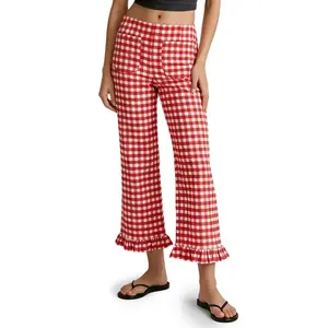 Tankaneo Womens Gingham Pants Summer Casual Ruffle Hem Elastic Waist Lounge Pants Y2k Plaid Trouser with Pockets