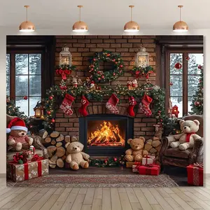 1pc Christmas Fireplace Backdrop, Polyester Holiday Wall Decor, Festive Indoor Scene, with Socks, Panda and Tree, Durable, for Christmas Party Background, Christmas Gift, Christmas Decoration