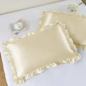 Ruffled Satin Pillowcase Set of 2, Standard Size Silky Pillow Shams for Hair and  Care, Beige Satin Pillow Covers with Envelope Closure, Anti Wrinkle Pillow Cases for Bohemian Room Decor