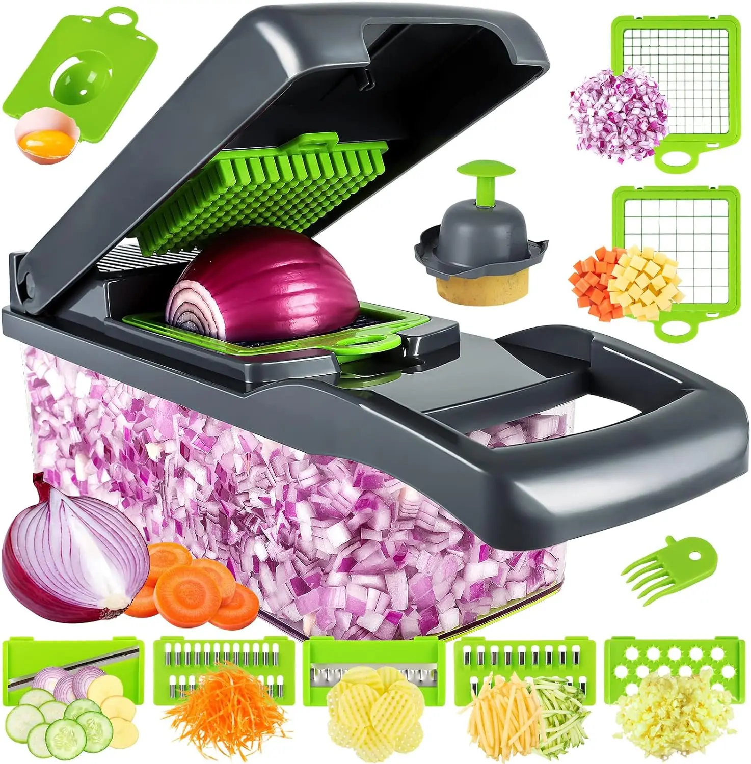 Vegetable Chopper with Container, Cheese Grater Dicer Mandoliner Slicer Cabbage Shredder French Fry Cutter Stainless Steel for Veggie Onion Potato Fruit Food, Manual Hand Cooking Gadget for Kitchen Utensils Chopping