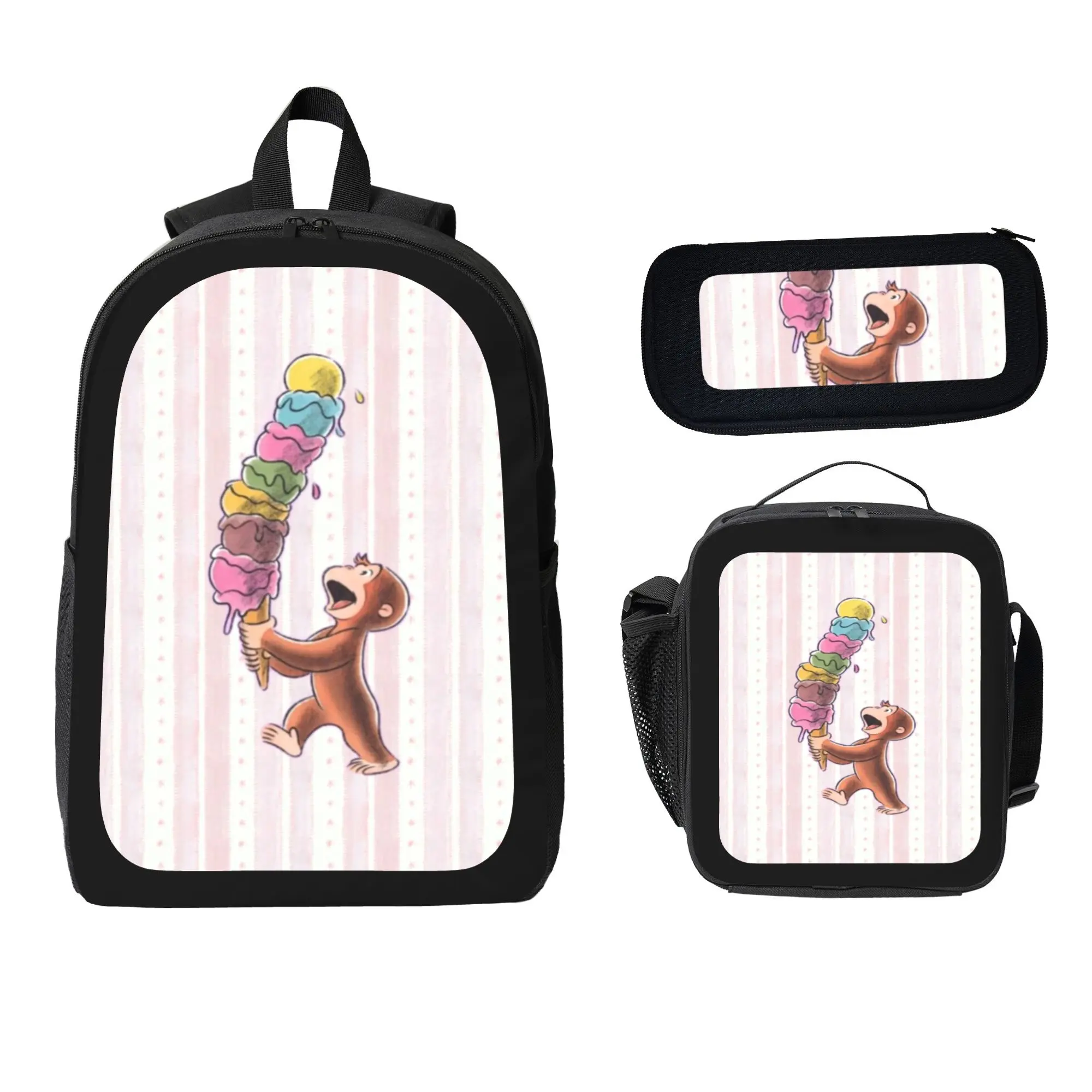 Curi-ous Geor-ge Cartoon 3-Piece Backpack Bundle - Polyester Lightweight School Backpack, Pencil Bag & Thermal Lunch Box for School, Travel