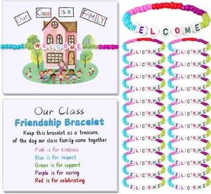 24 Sets Back to School Gifts for Students, First Day of School Classroom Welcome Gifts with Bracelets & "Our Class Is a Family" Greeting Cards
