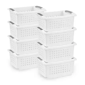 Sterilite Small Stacking Basket, Open Top Storage Bin w/ Handles, 8 Pack, White
